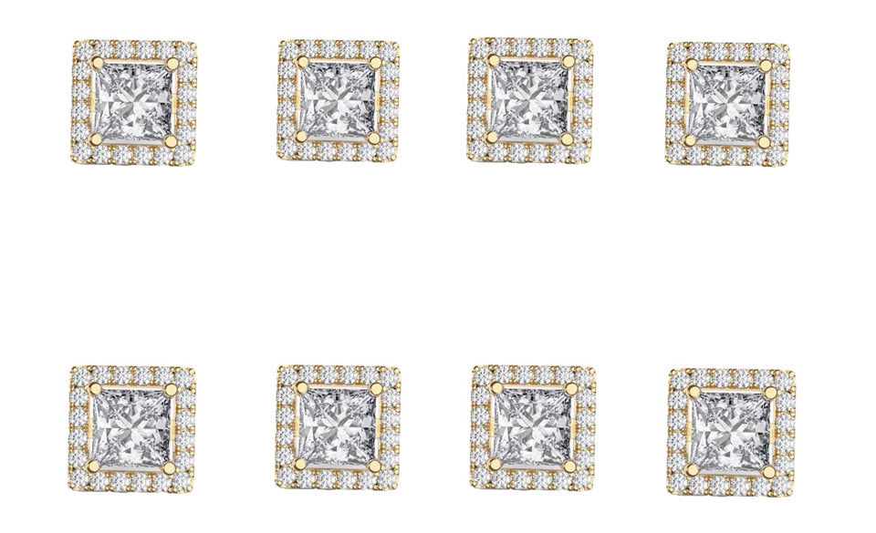 18k Yellow Gold Plated 3Ct Square Cut White Sapphire Set of Four Halo Stud Earrings