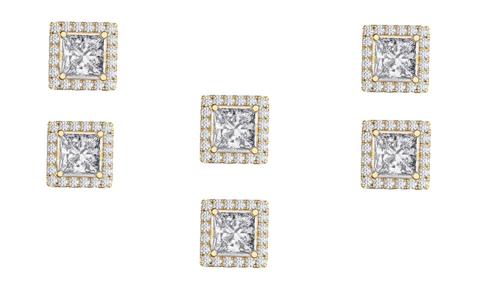 18k Yellow Gold Plated 4mm 2Ct Square Cut White Sapphire Set of Three Halo Stud Earrings