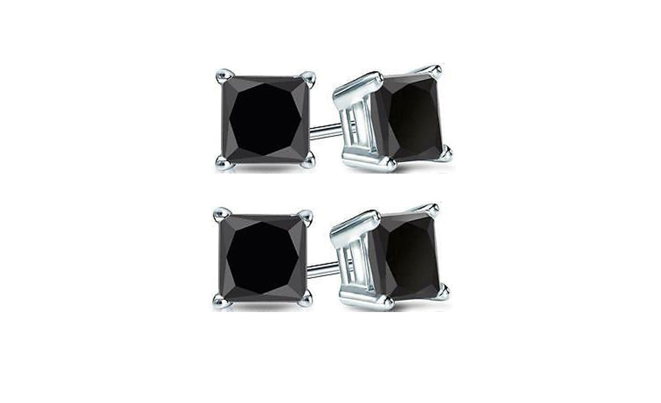 18k White Gold Plated Created Black Sapphire 2Ct Princess Cut Pack of Two Stud Earrings