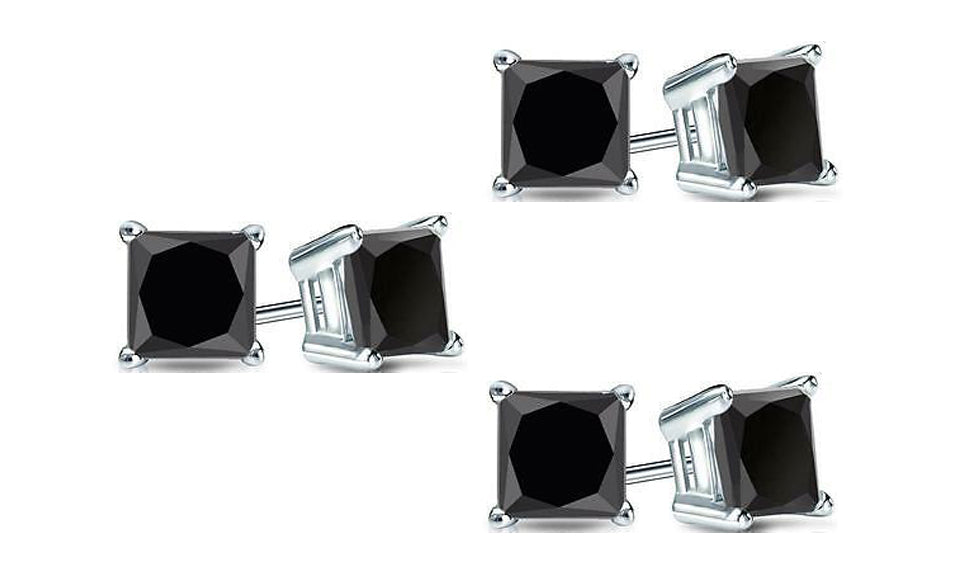 18k White Gold Plated Created Black Sapphire 1Ct Princess Cut Pack of Three Stud Earrings