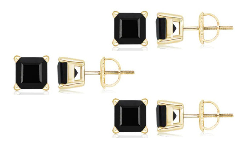 18k Yellow Gold Plated Created Black Sapphire 1/2Carat Square Cut Pack of Three Stud Earrings