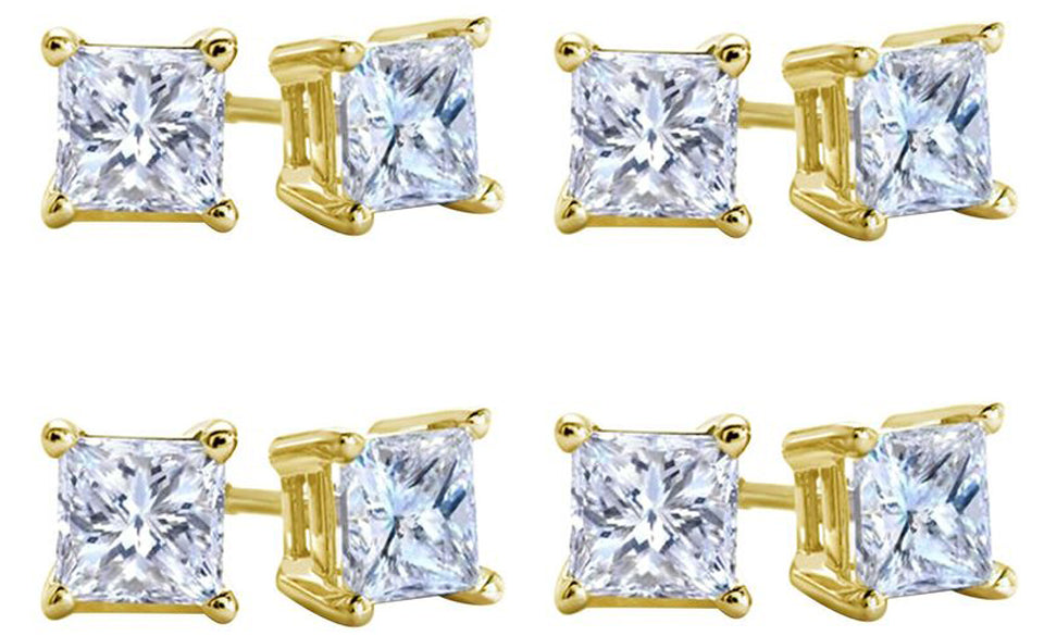 18k Yellow Gold Plated Created White Sapphire 4 Carat Square Cut Pack of Four Stud Earrings