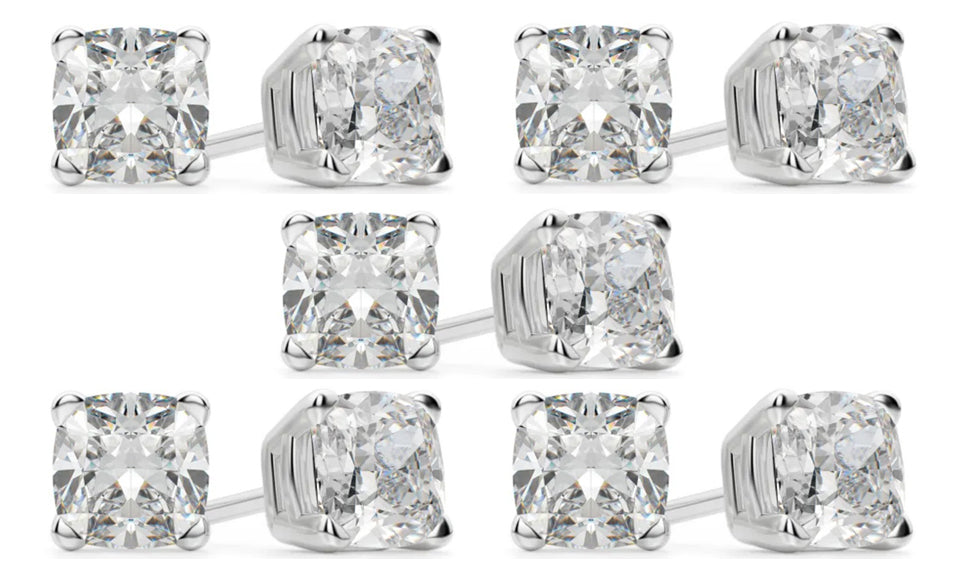18k White Gold 6mm 2Ct Cushion Cut White Sapphire Set Of Five Stud Earrings Plated
