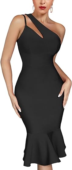 Maketina Women's Halter Mermaid Bandage Dresses Bodycon Ruffle Party Cocktail Wedding Guest Dress