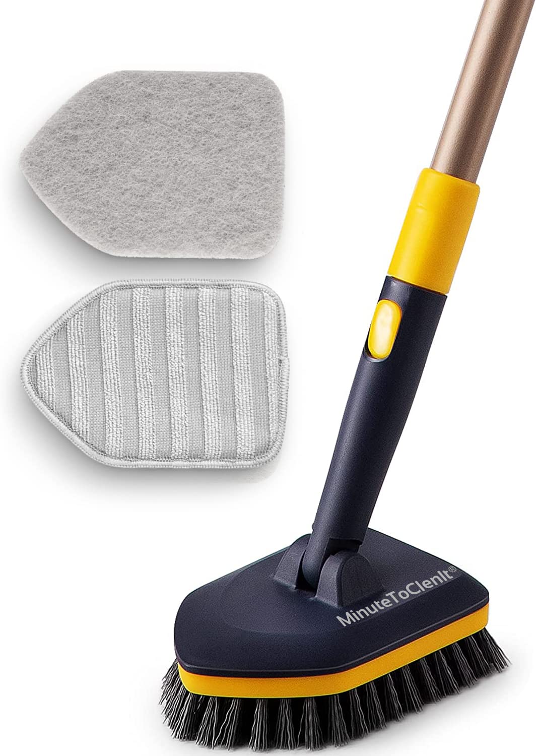 MinuteToCleanIt Floor Bathroom Cleaning Brush with Long Handle, Hard Brush Microfiber Pad & Scrubber Combo For Tiles, Kitchen, Toilet, Window Glass - 58.2 Inch Extendable Pole, Detachable Head, Yellow