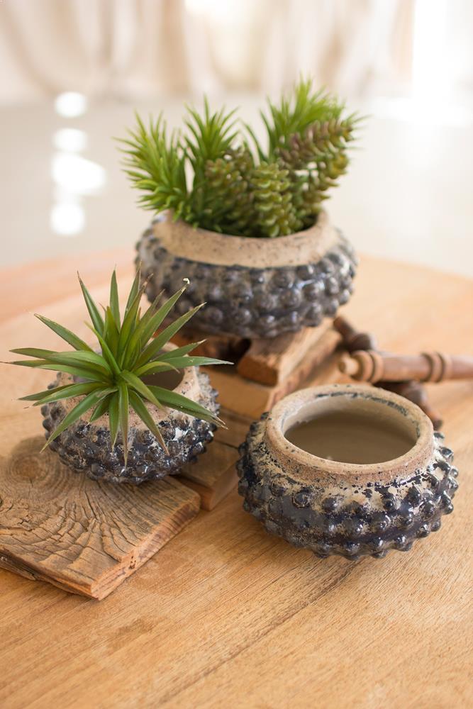 Kalalou Dark Blue Knobby Ceramic Planters - Set Of 3