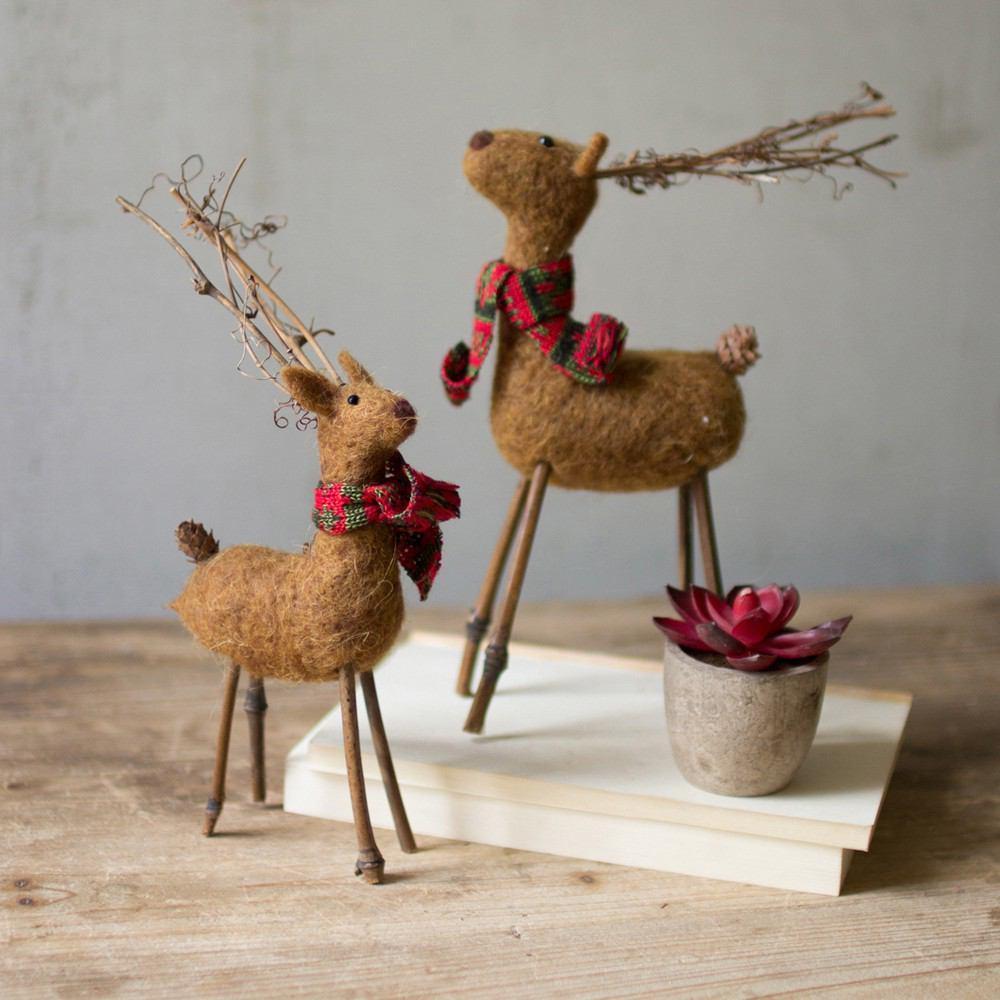 Kalalou Brown Felt Deer With Red And Green Scarf - Set of 26