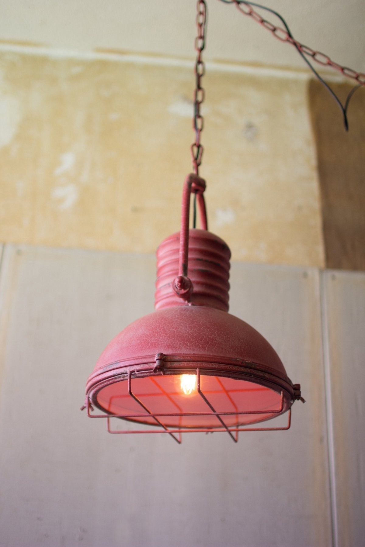 Kalalou Antique Red Pendant Light With Glass & Wire Cage2
