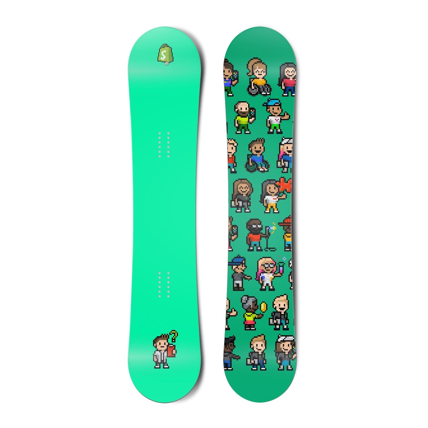 Top and bottom view of a snowboard. The top view shows a pixelated Shopify bag logo and a pixelated
character reviewing a clipboard with a questioning expression with a bright green-blue background. The bottom
view is a pattern of many pixel characters with a bright green-blue background.