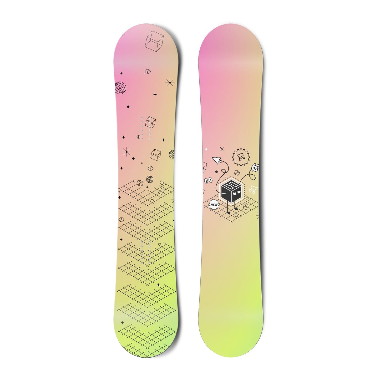 Top and bottom view of a snowboard. The top view shows an illustration with varied outlined shapes
in black. The bottom view shows a black box character with an H pointing, and surrounded by black outlined
illustrative elements.