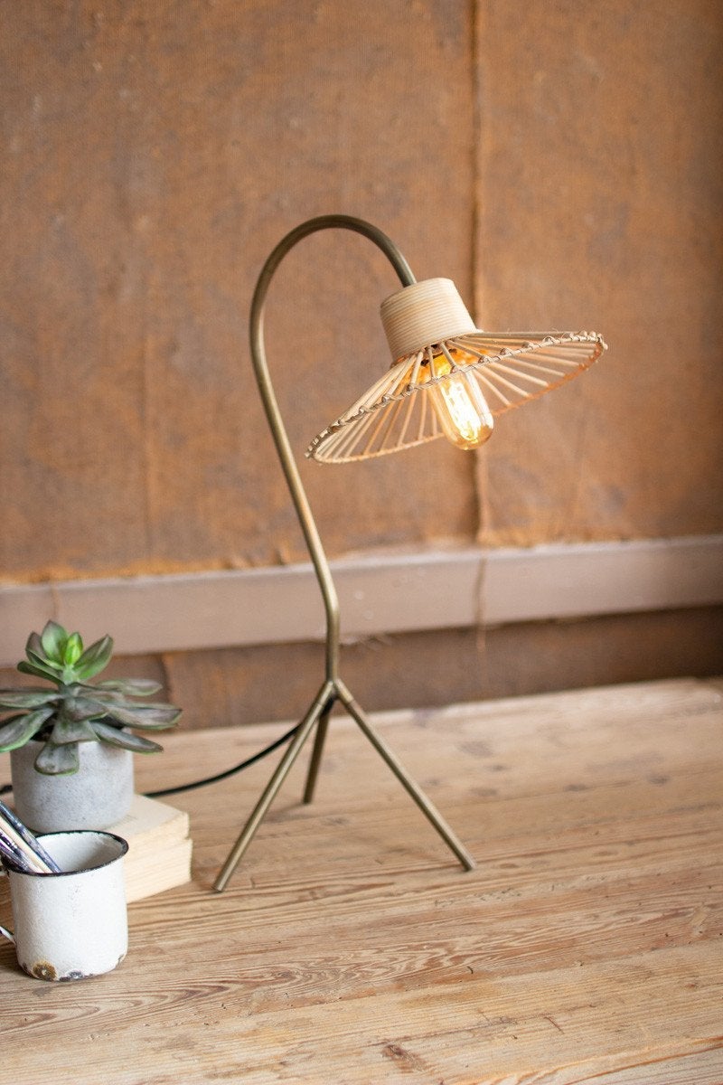 Kalalou Antique Brass Finish Table Lamp With Rattan Umbrella Shade2