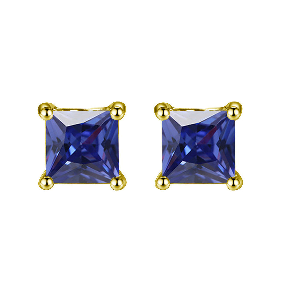 24k Yellow Gold Plated 2 Cttw Blue Sapphire Princess Cut Stud Earrings