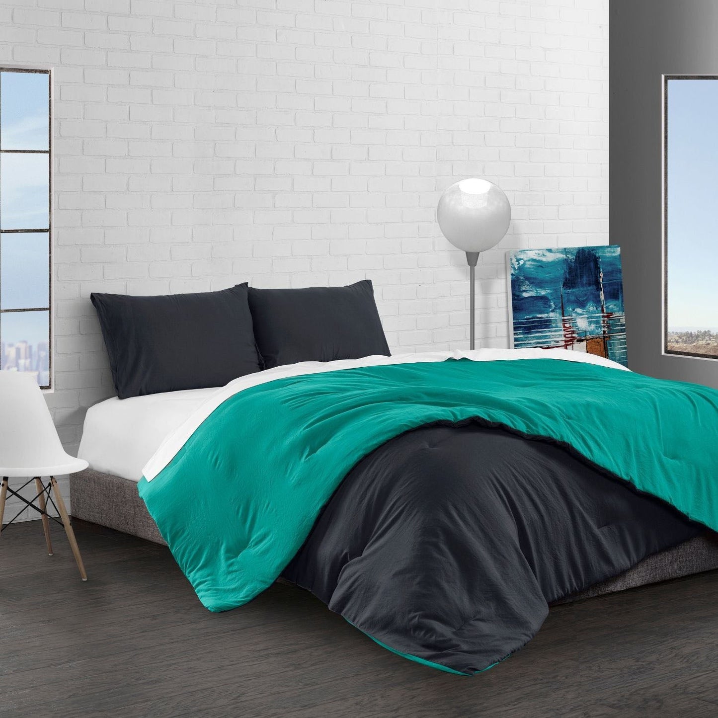 E. Jay Bedding Co Reversible Brushed Microfiber Plush Down-Alt Down Comforter Set - Black+ Teal