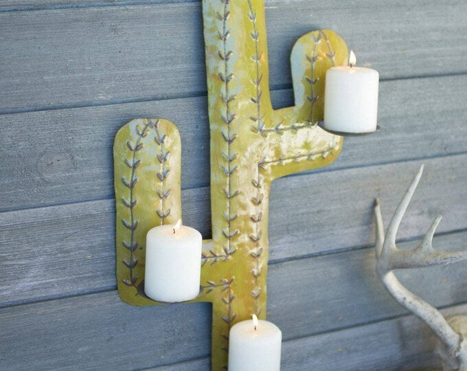 Kalalou Distressed Green Hand Hammered Metal Cactus Wall Sconce2
