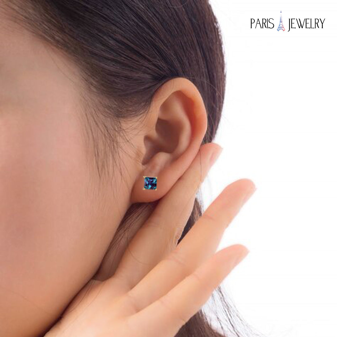 24k Yellow Gold Plated 2 Cttw Created Alexandrite CZ Princess Cut Stud Earrings