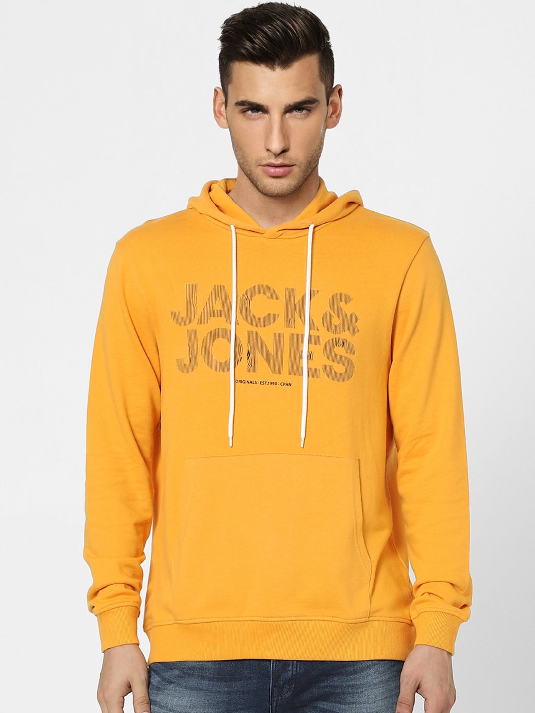 Men Mustard Yellow Printed Hooded Sweatshirt