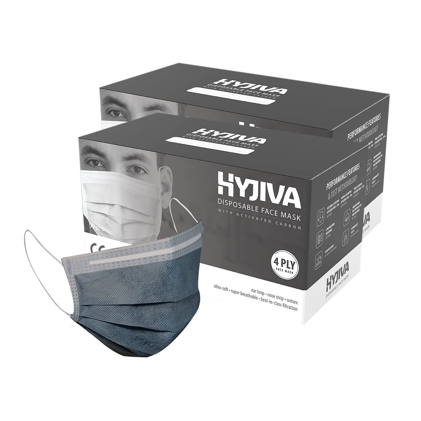 Hyjiva 4-ply, Ear Loop, Nose Strip, BFE/PFE/VFE > 99%, CE and ISO Certification with Activated Carbon Disposable Face Mask (Pack of 50)