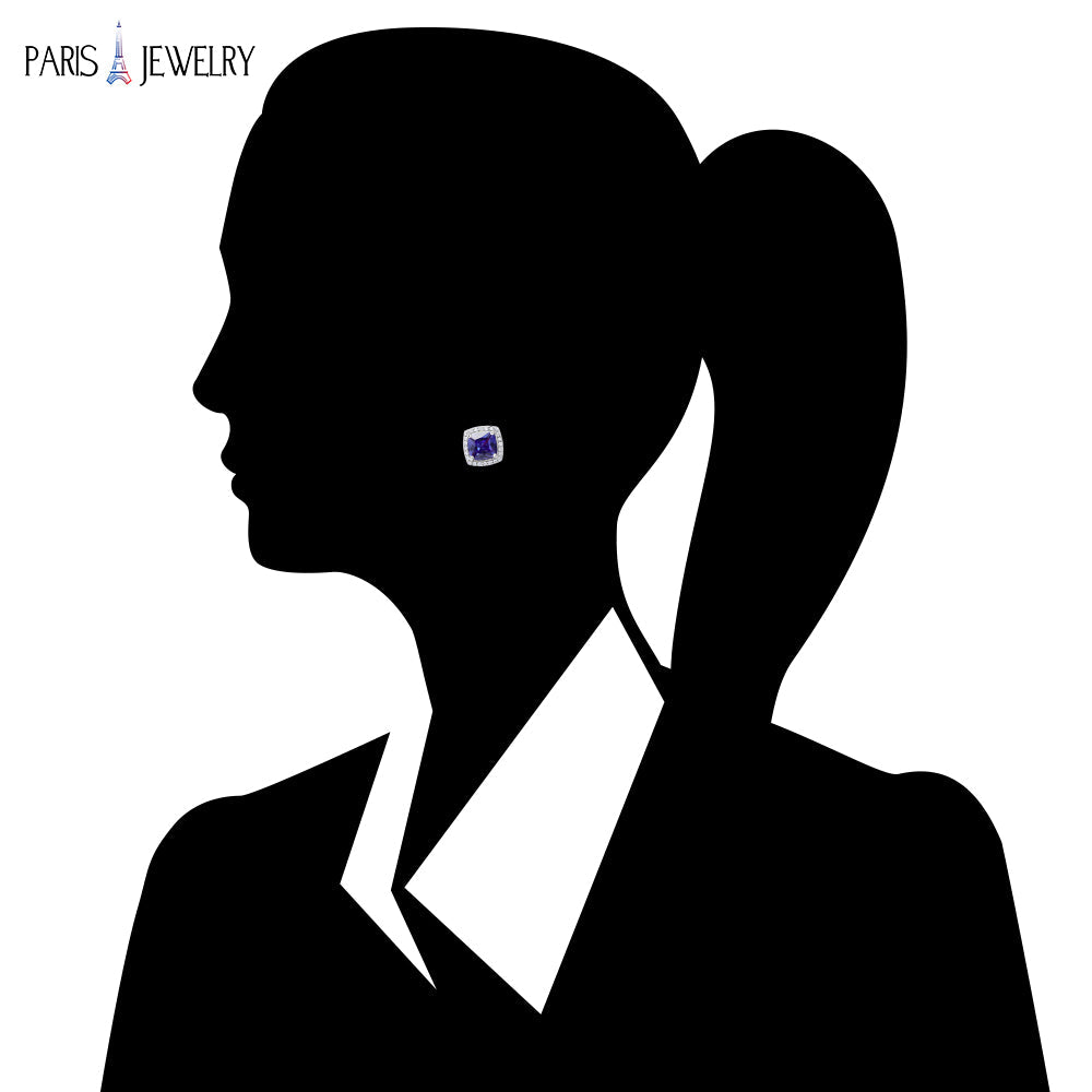 18k White Gold Plated 2 Ct Created Halo Princess Cut Blue Sapphire CZ Stud Earrings