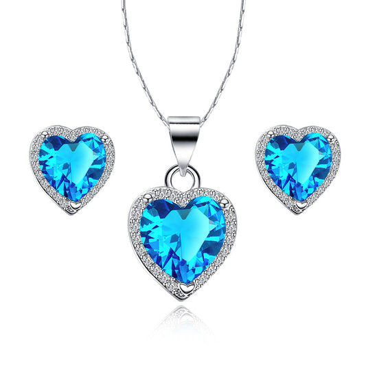 Paris Jewelry 18k White Gold Plated Heart 4 Carat Created Blue Topaz Full Set Necklace, Earrings 18 Inch
