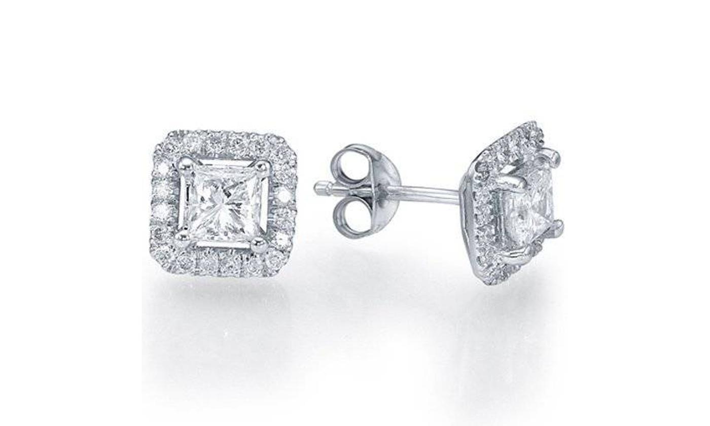 Platinum Plated Princess Cubic Zirconia Halo Stud Earrings