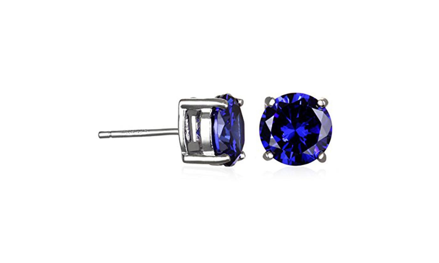 Rhodium Plated 8 mm Blue Cz Stud Earrings