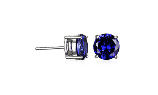 Rhodium Plated 8 mm Blue Cz Stud Earrings