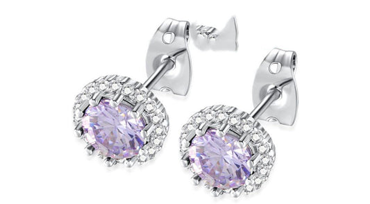 18K White Gold Plated Halo Tanzanite Created Round 3Ct CZ Cut Stud Earrings
