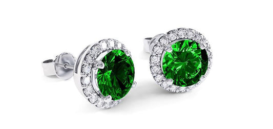 18K White Gold Plated Halo Emerald Sapphire Round 3CT CZ Cut Stud Earrings