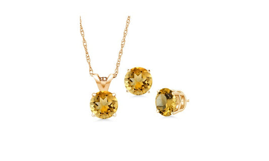 18K Yellow Gold 3ct Citrine Round 18 Inch Necklace and Earrings Set Plated