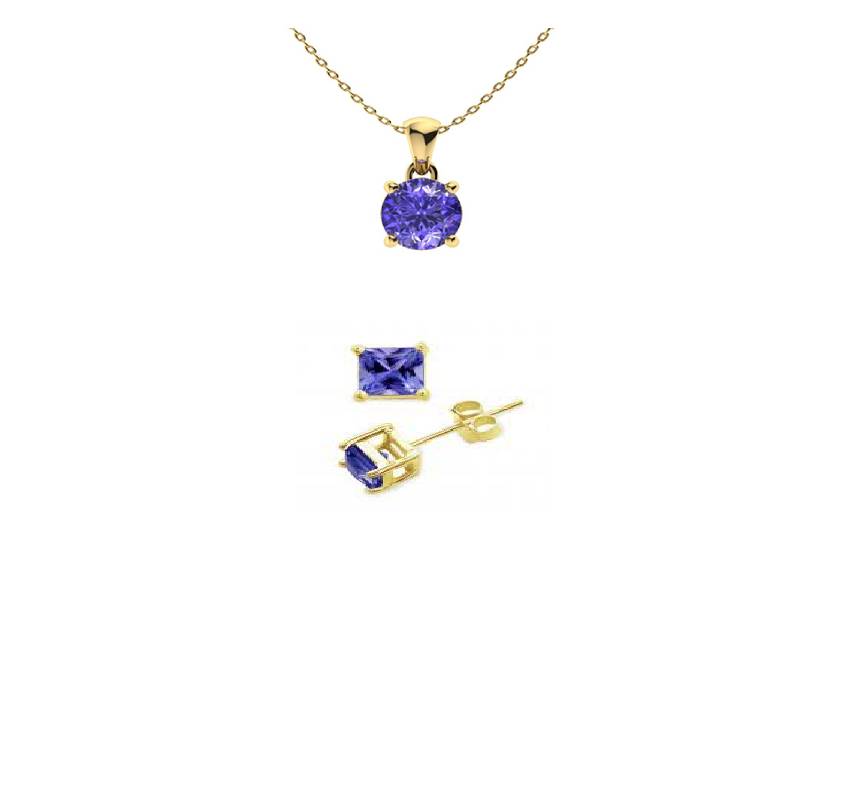 18K Yellow Gold 1ct Tanzanite Round 18 Inch Necklace and Square Earrings Set Plated