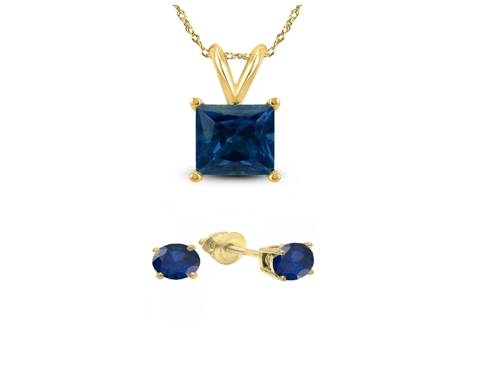18K Yellow Gold 1ct Blue Sapphire Square 18 Inch Necklace and Round Earrings Set Plated