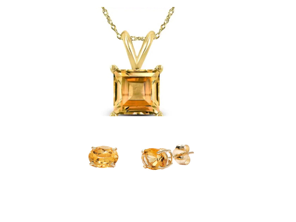 18K Yellow Gold 2ct Citrine Square 18 Inch Necklace and Round Earrings Set Plated