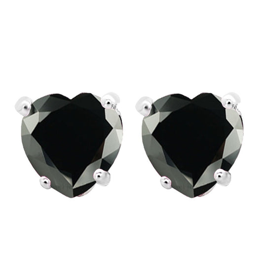 24k White Gold Plated 2 Cttw Black Sapphire Heart Stud Earrings