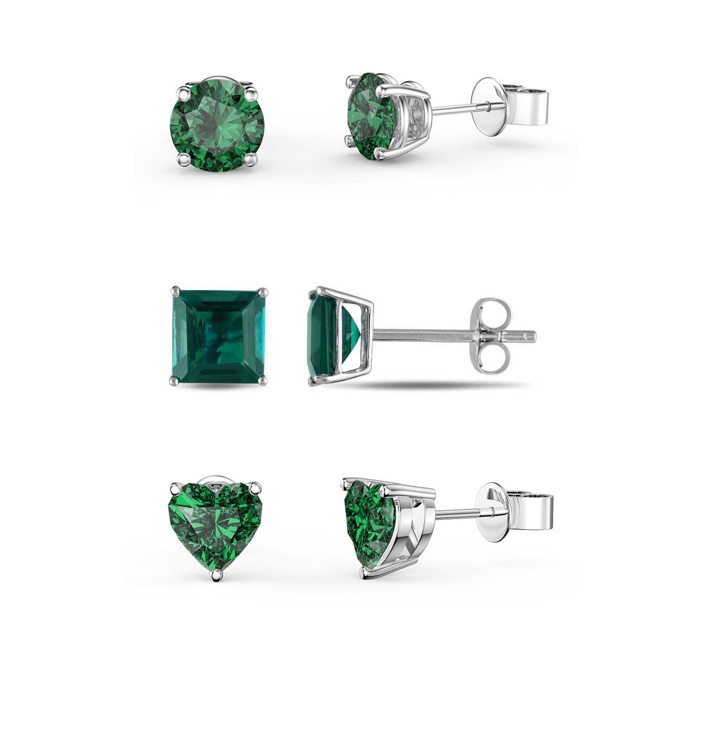 18k White Gold Plated 6mm Created Emerald 3 Pair Round, Square and Heart Stud Earrings