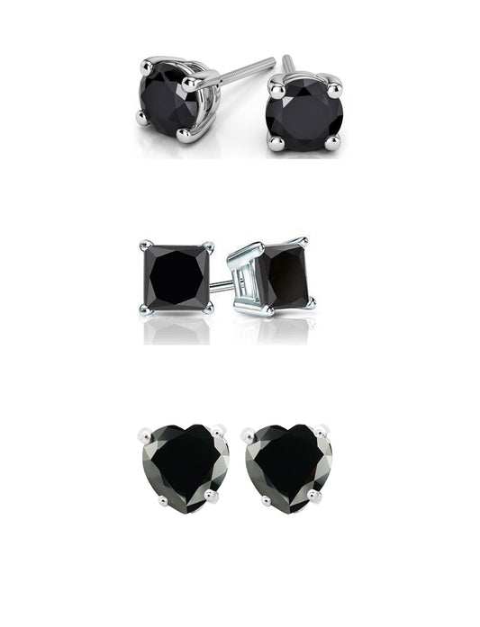 18k White Gold Plated 1/4Cttw 4mm Created Black Sapphire 3 Pair Round, Square and Heart Stud Earrings