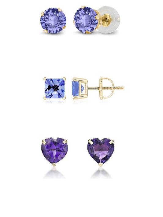 18k Yellow Gold Plated 1/4Cttw 4mm Created Tanzanite 3 Pair Round, Square and Heart Stud Earrings