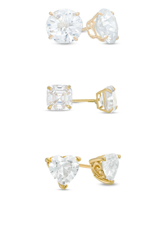 18k Yellow Gold Plated 3Cttw 8mm Created White Sapphire 3 Pair Round, Square and Heart Stud Earrings