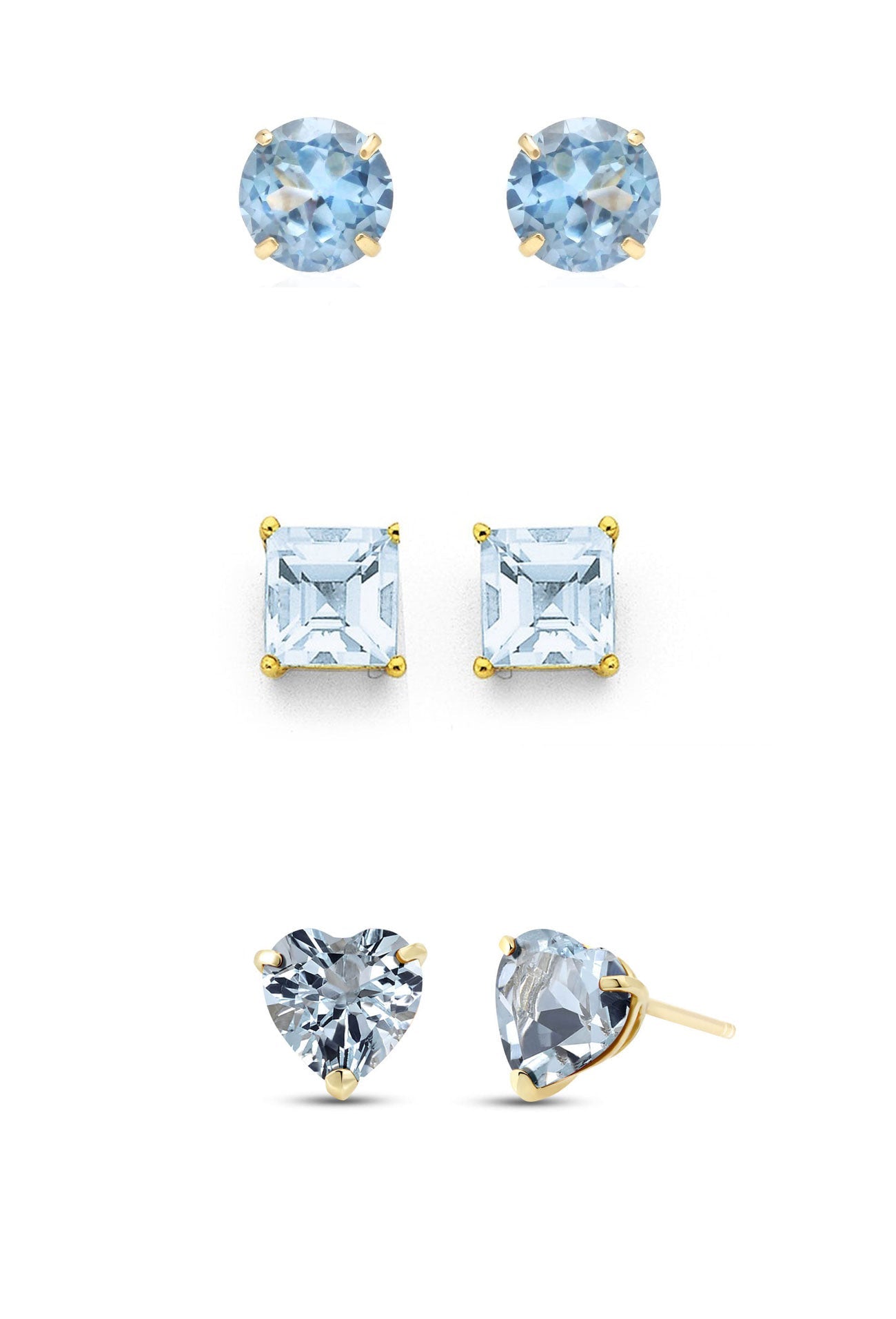 Paris Jewelry 18k Yellow Gold 4Cttw Created Aquamarine 3 Pair Round, Square And Heart Stud Earrings Plated