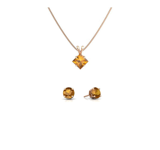 18K Rose Gold 4ct Citrine Princess Cut 18 Inch Necklace and Round Earrings Set Plated