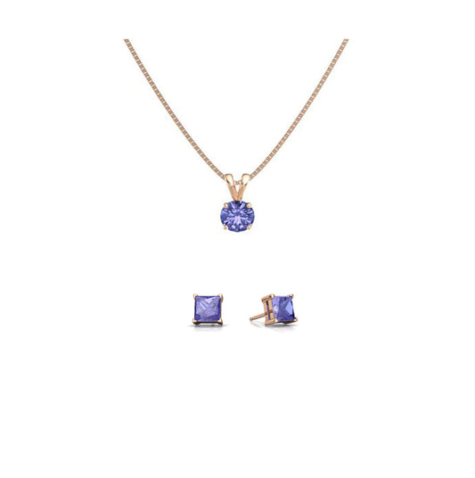 18K Rose Gold 4ct Tanzanite Round 18 Inch Necklace and Square Earrings Set Plated