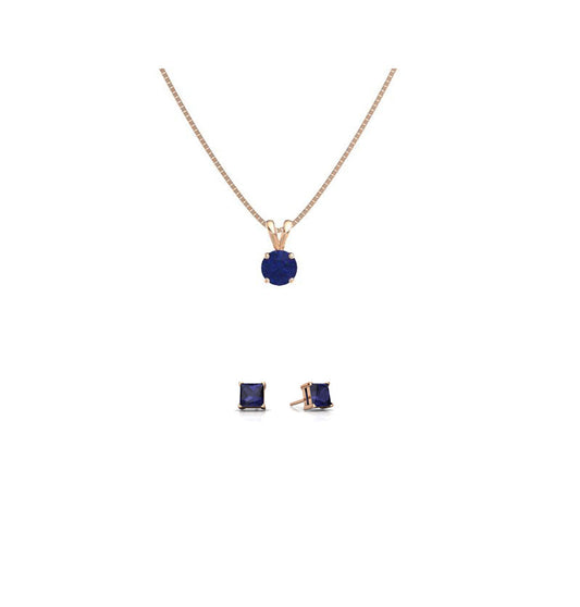 18K Rose Gold 4ct Blue Sapphire Round 18 Inch Necklace and Square Earrings Set Plated