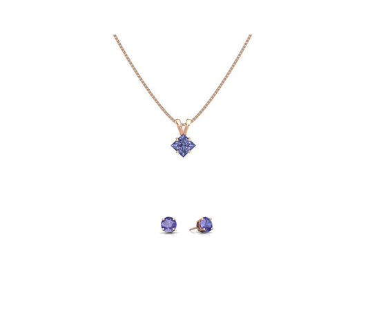 18K Rose Gold 4ct Tanzanite Square 18 Inch Necklace and Round Earrings Set Plated