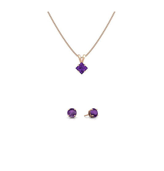 18K Rose Gold 4ct Amethyst Square 18 Inch Necklace and Round Earrings Set Plated
