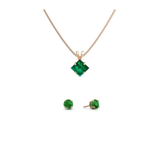 18K Rose Gold 4ct Emerald Square 18 Inch Necklace and Round Earrings Set Plated