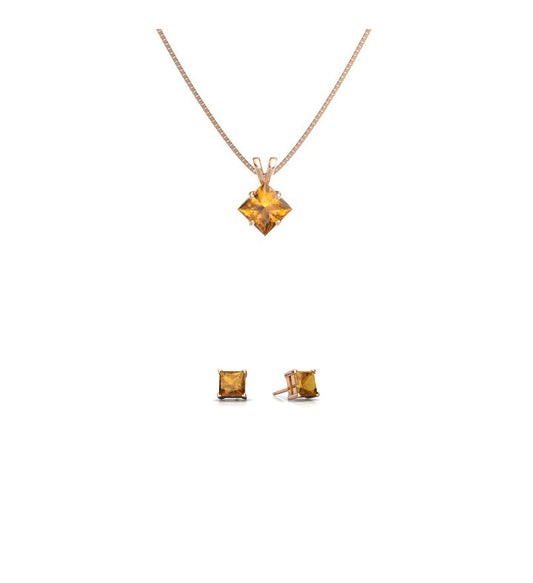 18K Rose Gold 4ct Citrine Square 18 Inch Necklace and Earrings Set Plated