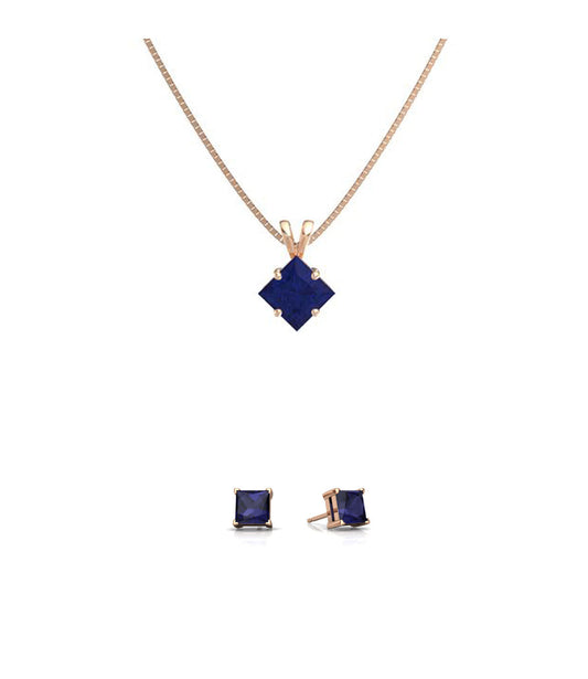 18K Rose Gold 4ct Blue Sapphire Square 18 Inch Necklace and Earrings Set Plated
