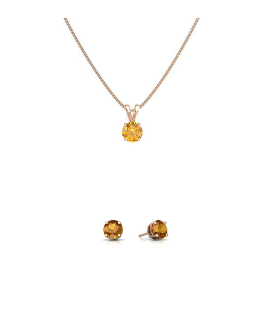 18K Rose Gold 4ct Citrine Round 18 Inch Necklace and Earrings Set Plated