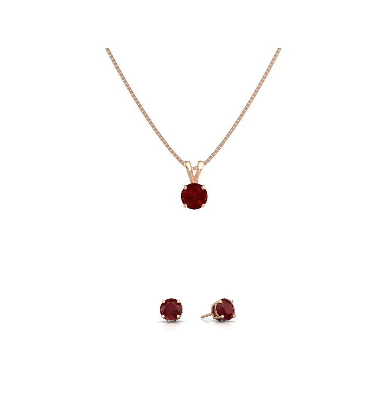 18K Rose Gold 4ct Ruby Round 18 Inch Necklace and Earrings Set Plated