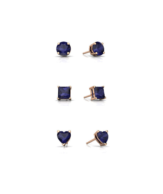 18k Rose Gold Plated 6mm Created Blue Sapphire 3 Pair Round, Square and Heart Stud Earrings