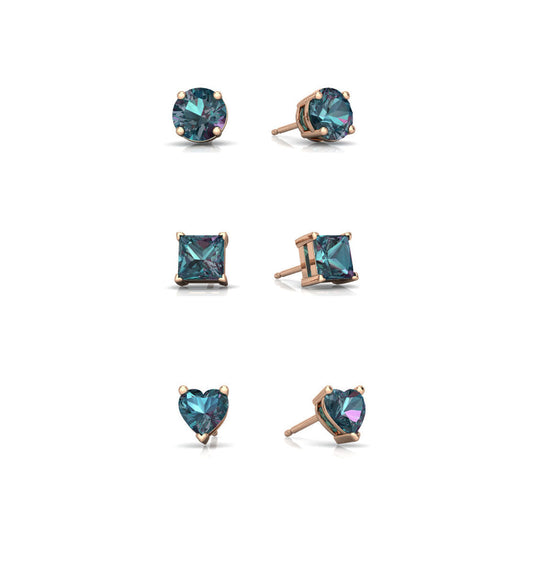 18k Rose Gold Plated 1Cttw 7mm Created Alexandrite 3 Pair Round, Square and Heart Stud Earrings